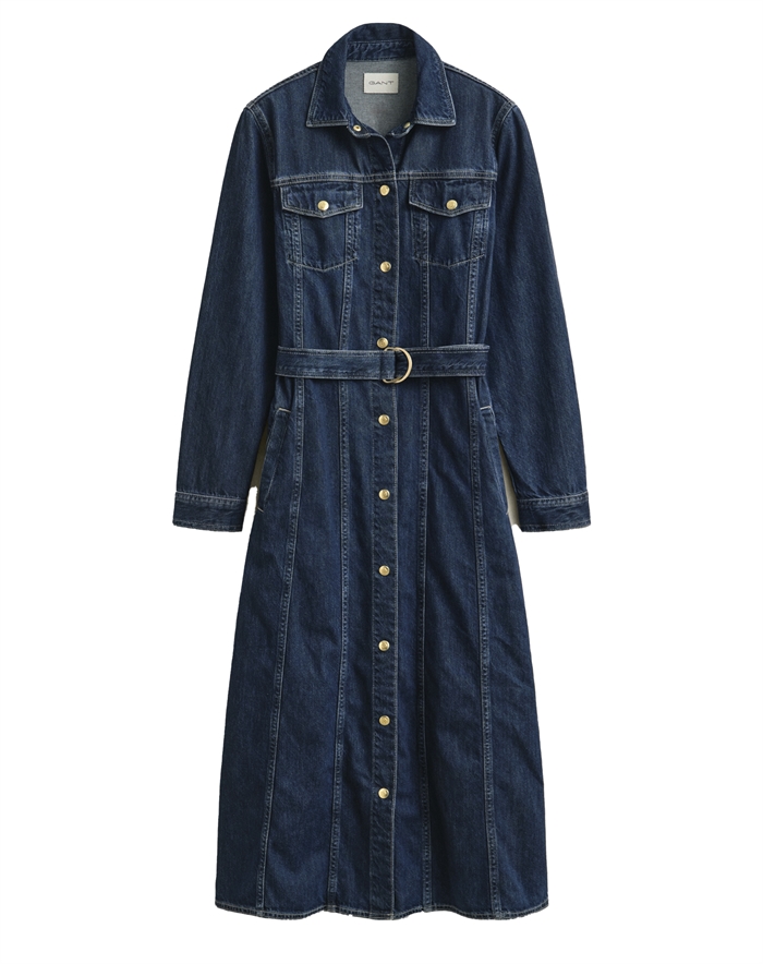 Gant - Denim Midi Kjole - Dark Blue Worn In 