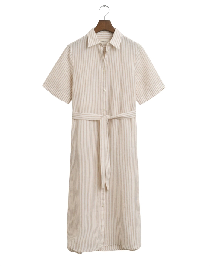 Gant - Regular Linen Striprd Kjole - Dry Sand