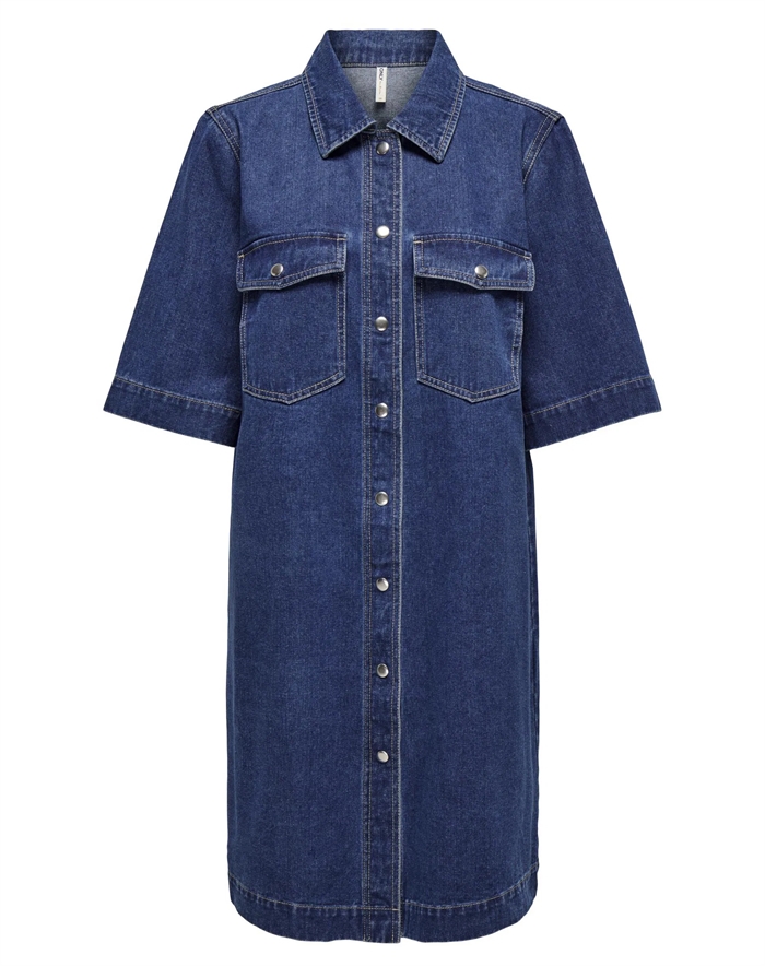 Only - Onlbelle Button Kjole - Dark Blue Denim
