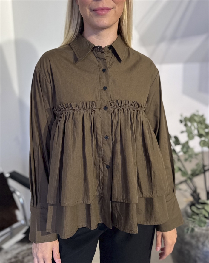 Rabens Saloner - Shaker Poplin Frill Skjorte - Dark Brown