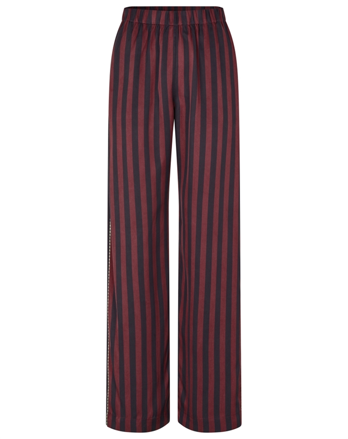 Stine Goya - Elasticated Long Bukser - Navy and Burgundy Wallpaper Stripes