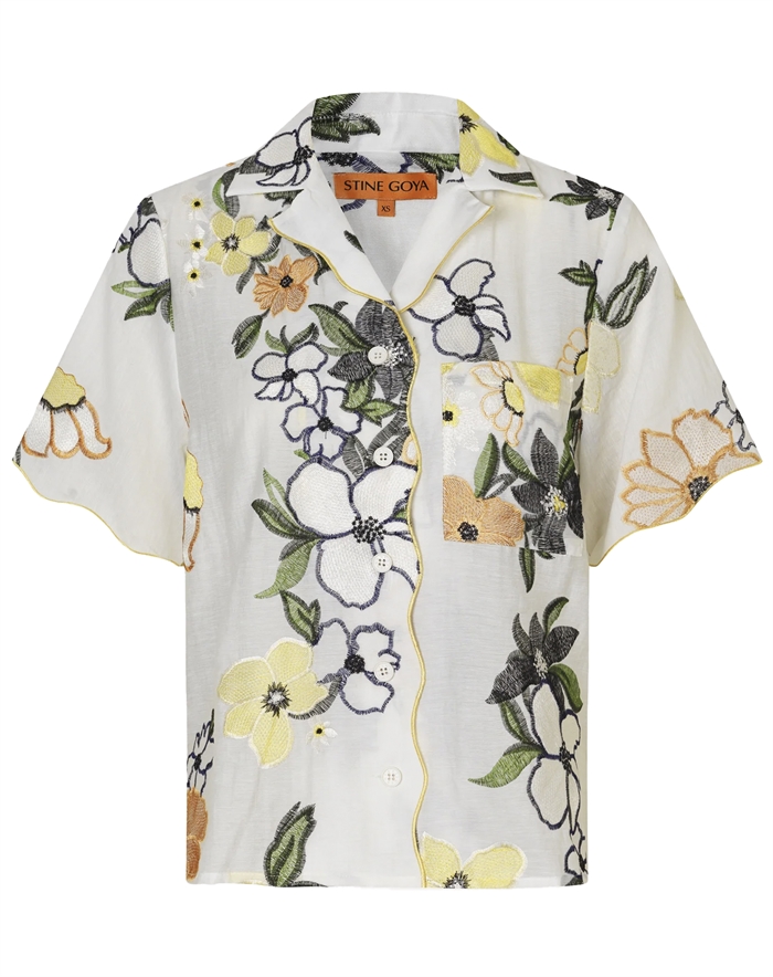 Stine Goya - Scalloped Short Sleeve Skjorte - Wild Flowers Embroidery 