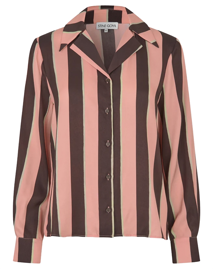 Stine Goya - Wide Point Collar Skjorte - Rosewood Mint Stripes 