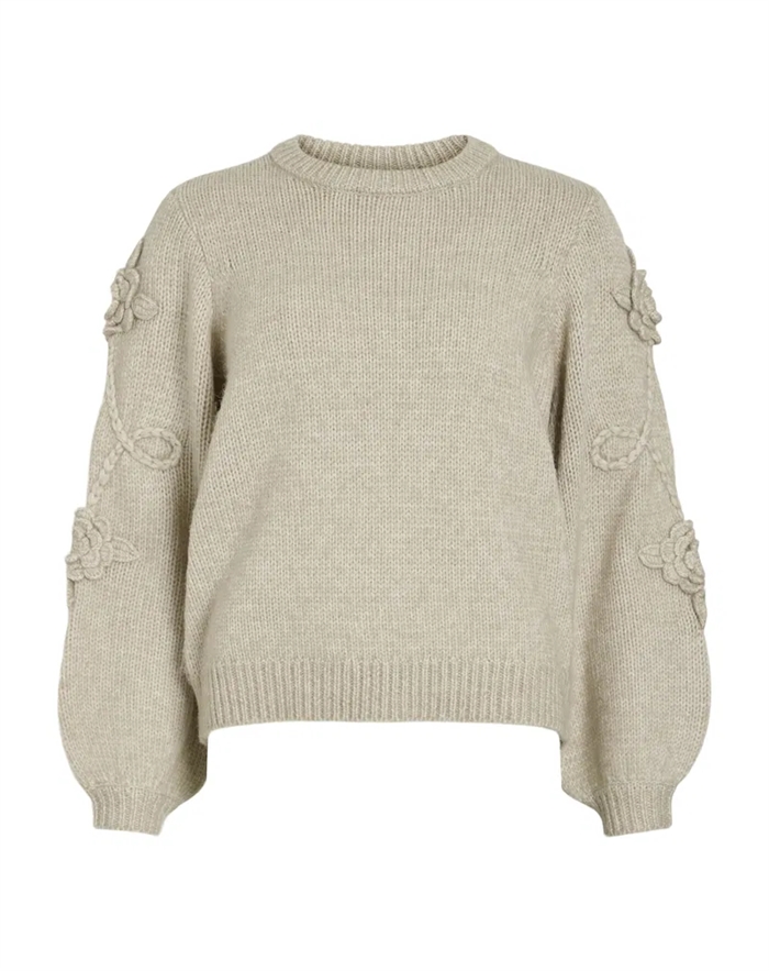  VIFaye O-Neck Embrodiery Strik - Cement