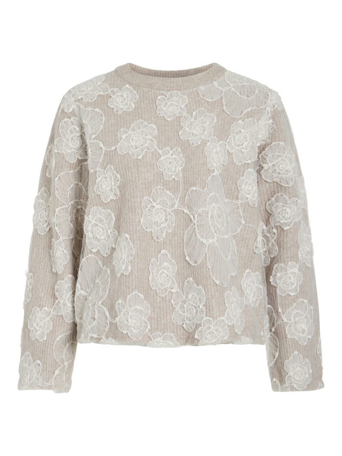 Vila - VIHayden O-Neck Embroidery Strik - Natural Melange